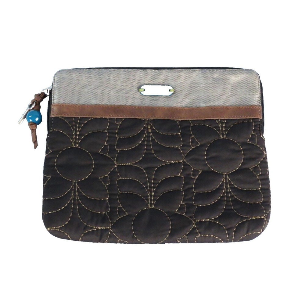 Vintage FOSSIL KEY-PER Quilted Black w/Brown & Gray Leather CLUTCH BAG PURSE